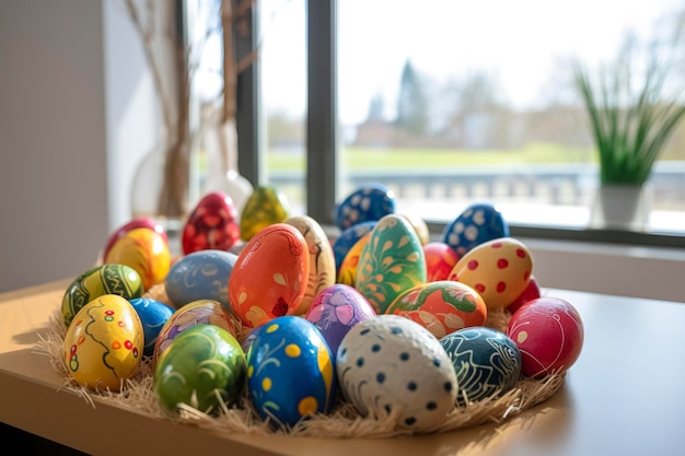 Cómo celebrar la Pascua: una exhibición de coloridos huevos de Pascua en un nido de palos de madera. creado con tecnología de IA generativa