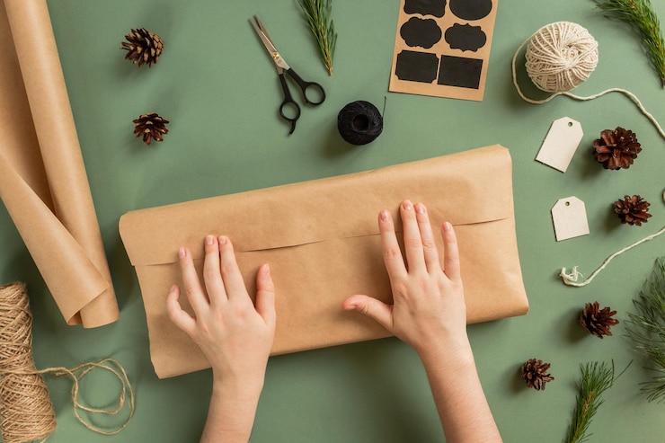 Foto cómo envolver un regalo en estilo cero residuos proceso de envoltura de regalos sostenibles para el año nuevo paso 2
