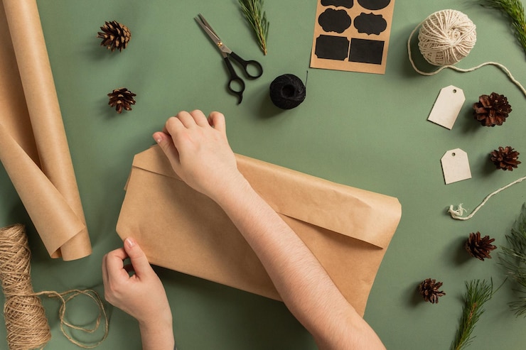 Foto cómo envolver un regalo en estilo cero residuos proceso de envoltura de regalos sostenibles para el año nuevo paso 3