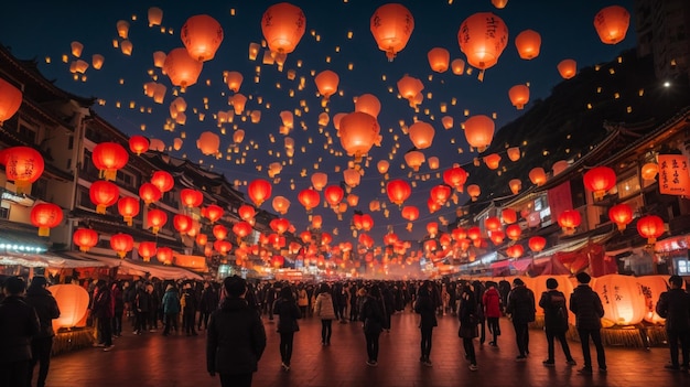 Foto como el evento principal del festival de linternas del cielo de pingxi 2014 en la plaza de lenteras del cielo shifen en el quinceavo día del festival de lanternas del año nuevo lunar 14 de febrero de 2014 taipei