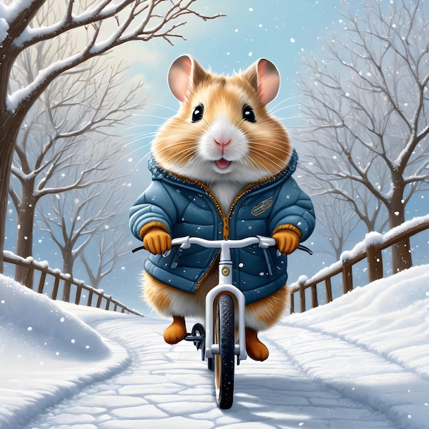 Como o hamster antropomórfico em trajes de inverno montou sua pequena bicicleta ao longo do caminho coberto de neve um