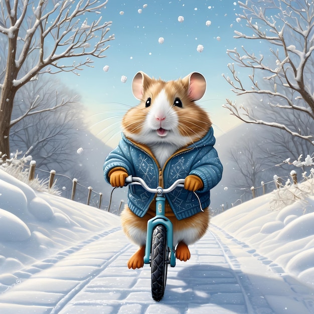 Como o hamster antropomórfico em trajes de inverno montou sua pequena bicicleta ao longo do caminho coberto de neve um