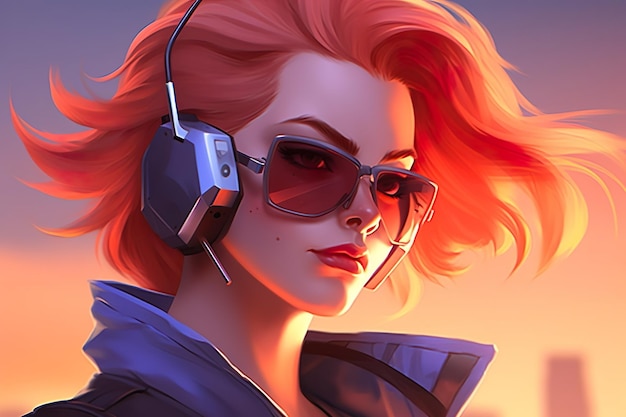 COMO UM PERSONAGEM DE OVERWATCH COM CABELO VERMELHO E ÓCULOS DE SOL EXTREMAMENTE LEGAIS anime girl