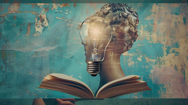 Foto como uma metáfora para uma nova ideia uma cabeça com um livro aberto e uma lâmpada arte de colagem