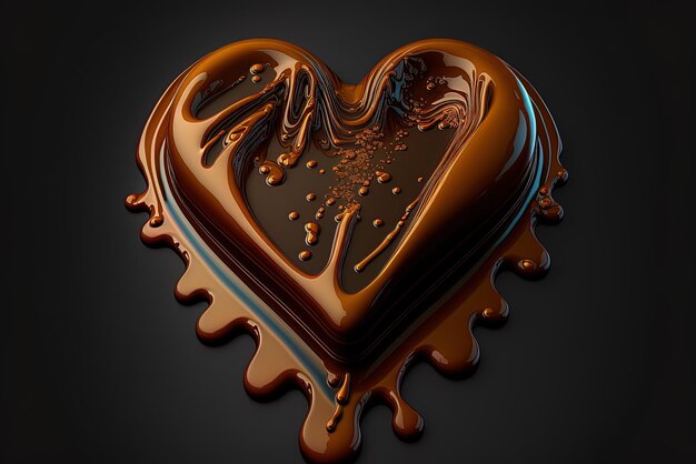 Como uma obra de arte do Dia dos Namorados, um coração feito de chocolate derretido é mostrado em um fundo preto