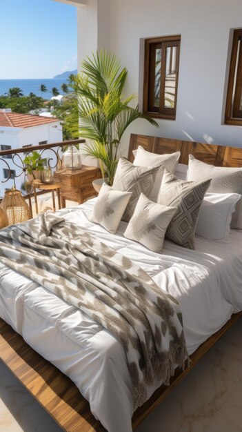 Foto cómoda y acogedora cama king size con una hermosa vista del océano