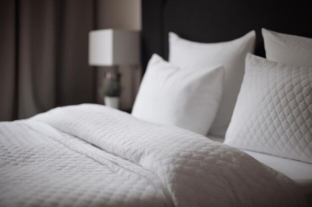 Cómoda almohada blanca en la decoración de la cama interior del dormitorio