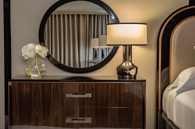 Cômoda art déco com espelho e puxadores elegantes em quarto de hotel