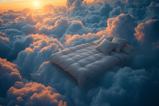 Una cómoda cama acogedora rodeada de nubes esponjosas perfecta para relajarse a la hora de acostarse
