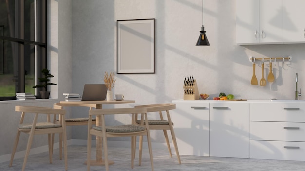 Cómoda cocina minimalista en blanco y madera Estilo interior de comedor con mesa de comedor de madera
