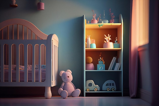 Cómoda cuna cerca de la pared con estantes de colores en la habitación del bebé