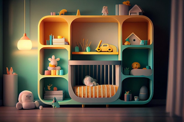 Cómoda cuna cerca de la pared con estantes de colores en la habitación del bebé