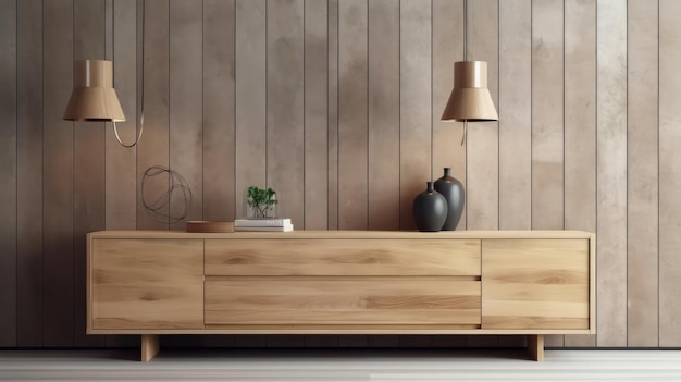 Una cómoda de madera en un salón con una lámpara a un lado.