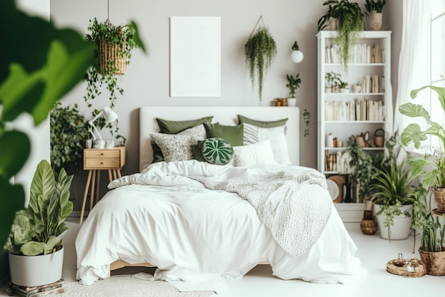 Cómoda pared de cama blanca cubierta con páginas de libros y planta de la casa Mañana en un dormitorio de estilo boho chic brillante Diseño interior escandinavo