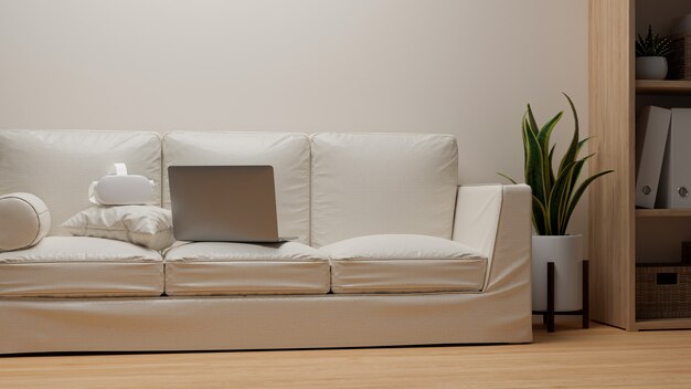 Cómoda sala de estar con un cómodo sofá blanco para computadora portátil y gafas de realidad virtual en la parte superior Representación 3d