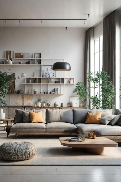 Cómoda sala de estar escandinava con suelos y muebles de madera.