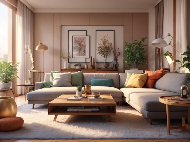Cómoda sala de estar escandinava con suelos y muebles de madera.