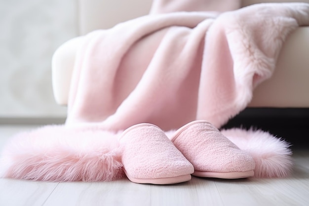 Cómodas pantuflas esperando junto a una suave alfombra de felpa