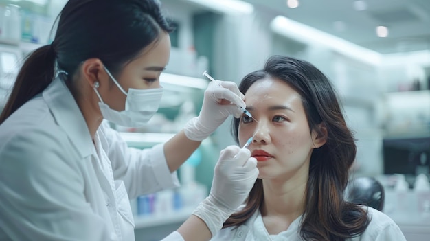 En la comodidad de la clínica, la doctora asiática china inyecta experta botox en la frente del paciente, abordando las líneas y arrugas.