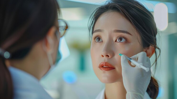 En la comodidad de la clínica, la doctora asiática china inyecta experta botox en la frente del paciente, abordando las líneas y arrugas.