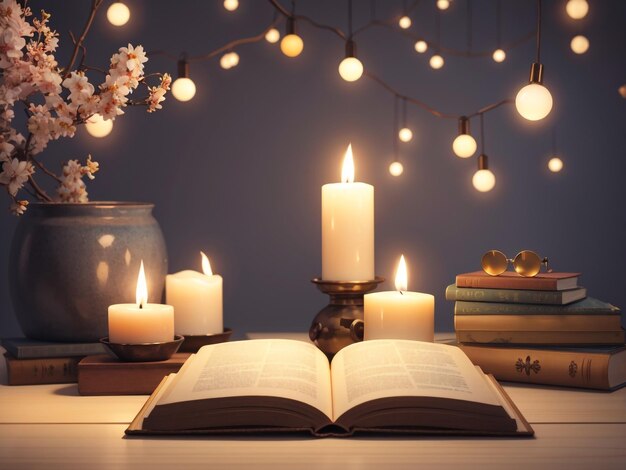 La comodidad de la época Un ambiente cálido con libros y velas brillantes