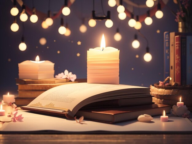 La comodidad de la época Un ambiente cálido con libros y velas brillantes