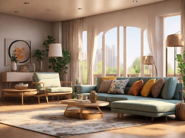 Comodidad escandinava sala de estar suelo de madera y muebles
