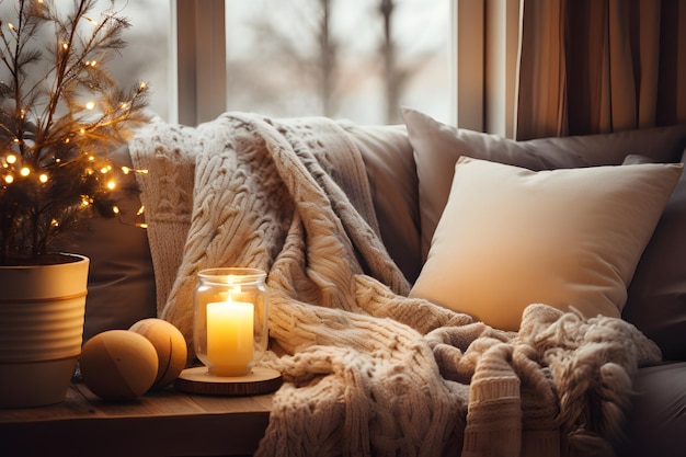 Comodidad en el hogar Acogedor interior de invierno con velas aromáticas manta tejida luces ventana