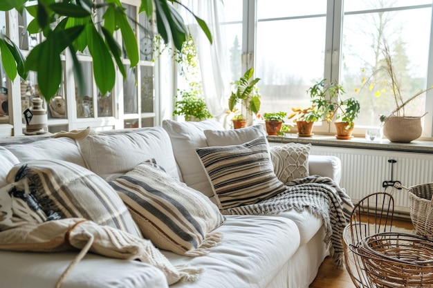 Comodidad del hogar escandinavo Sala de estar moderna con sofá blanco acogedor con cuadros y almohadas