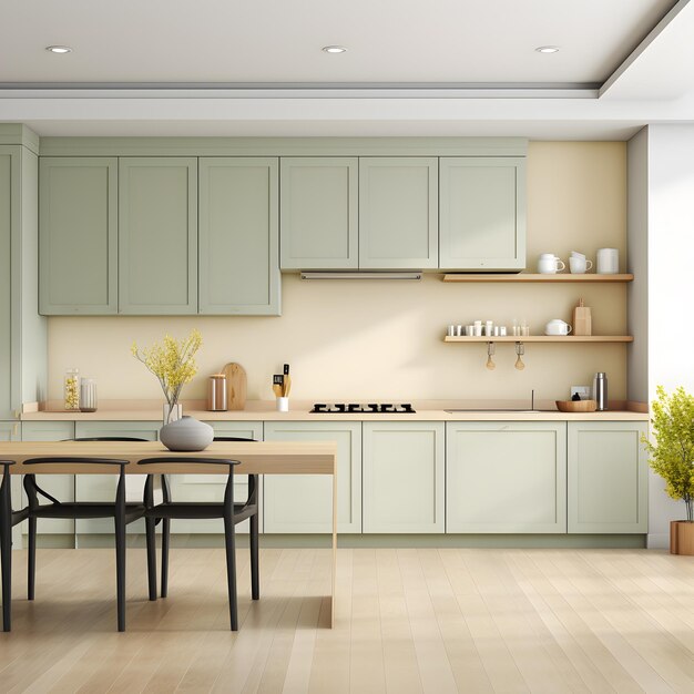 Comodidad minimalista 3D cocina con paredes de color verde suave
