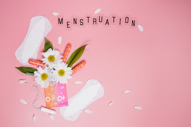 Comodidad y protección higiénica de la mujer, menstruación, toallas sanitarias sobre fondo rosa. Días críticos. Copia espacio