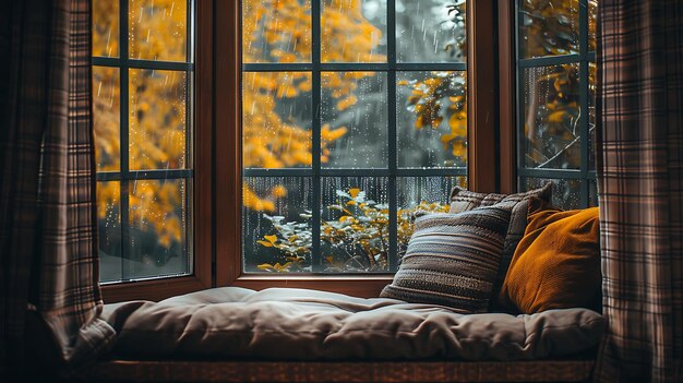 Un cómodo asiento en la ventana con vista al paisaje lluvioso del otoño