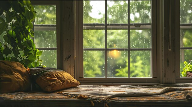 Un cómodo asiento de la ventana con una vista de la lluvia La ventana está enmarcada con madera blanca y tiene una planta verde sentada en el lado izquierdo