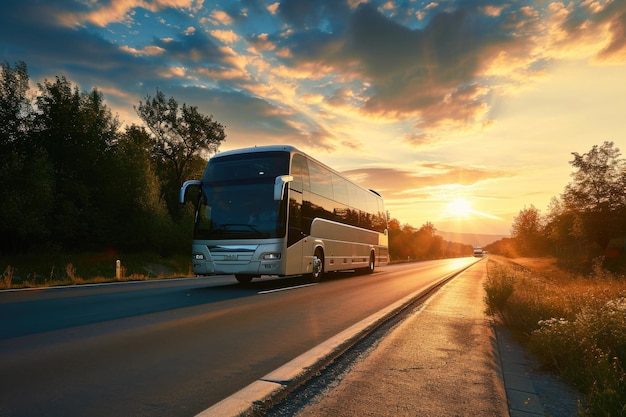 Cómodo autobús turístico que viaja al atardecer.