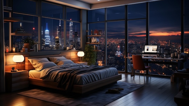 Cómodo dormitorio moderno con decoración elegante y iluminación con vista nocturna