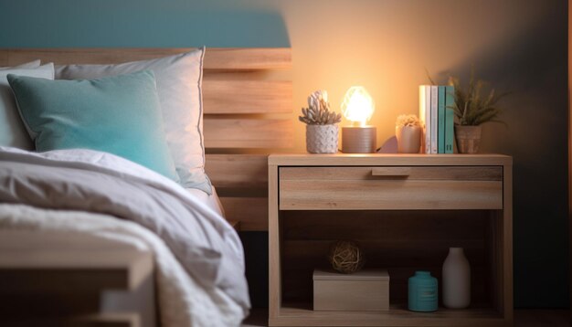 Cómodo dormitorio moderno con elegante diseño en madera generado por IA