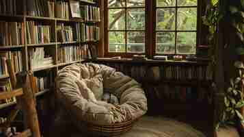 Foto un cómodo y elegante rincón de lectura una gran silla de mimbre se sienta frente a una ventana rodeada de estanterías