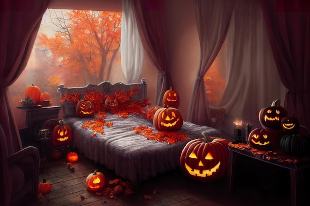 Cómodo y espeluznante dormitorio de Halloween con ilustración de arte conceptual de calabaza