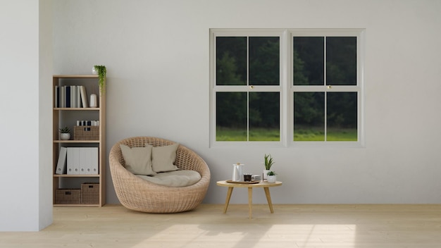 Foto cómodo interior minimalista de sala de estar con silla de mimbre, mesa de centro, estantería y decoración