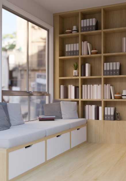 Cómodo interior minimalista de sala de estar con sofá contra estantes integrados de pared de vidrio con libros