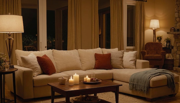 Un cómodo interior moderno de la sala de estar con un sofá con chimenea y una decoración de lujo crea un ambiente cálido