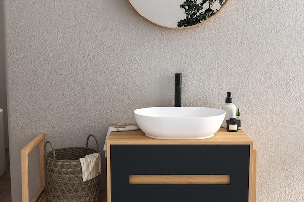 Cómodo lavabo blanco con espejo ovalado sobre una encimera de madera en un baño moderno.