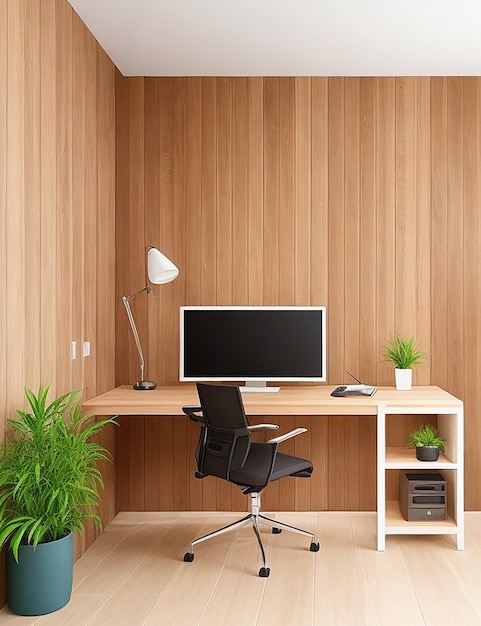 Cómodo lugar de trabajo con computadora cerca de la pared de madera en el elegante interior de la habitación Diseño de oficina en casa