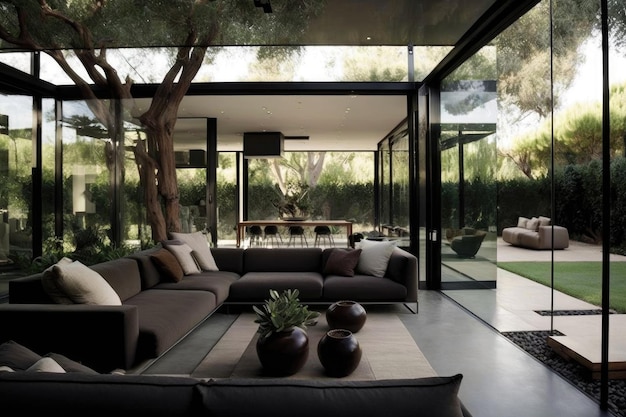 Cómodo patio moderno rodeado por paredes de vidrio con cómodos sofás creados con aire generativo