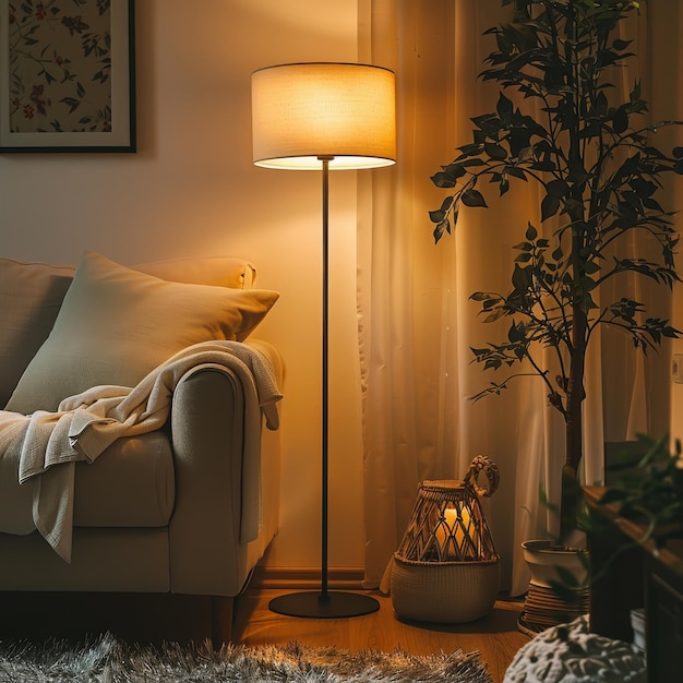 Un cómodo rincón de la sala de estar con una lámpara de piso cálida sofá acogedor y plantas decorativas