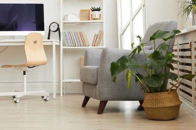 cómodo sillón gris en un acogedor rincón de la moderna casa escandinava decorada con plantas