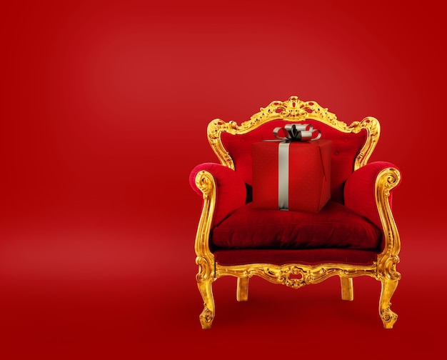 Foto cómodo sillón rojo y dorado con regalo de navidad. concepto como servicio de entrega de primer nivel