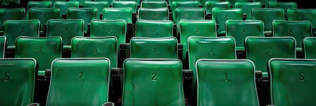 Cómodos asientos verdes de cine con filas numeradas