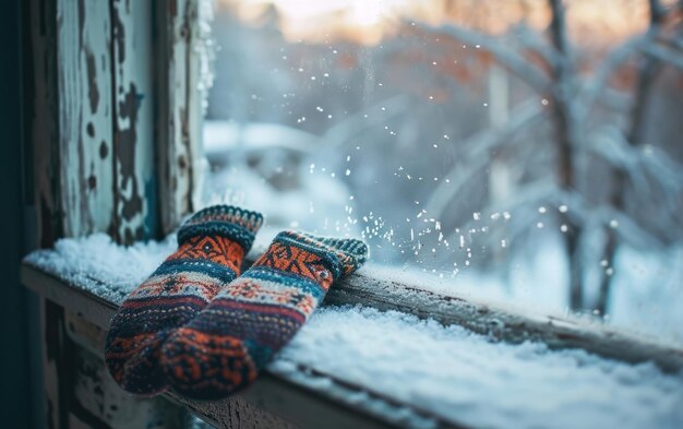 Foto cómodos guantes descansando sobre un alféizar cubierto de escarcha en un entorno invernal