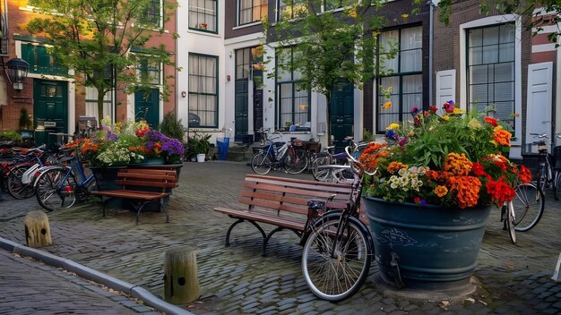 Foto los cómodos patios de ámsterdam, los bancos, las bicicletas, las flores en las bañeras, las calles de ámsterdám.